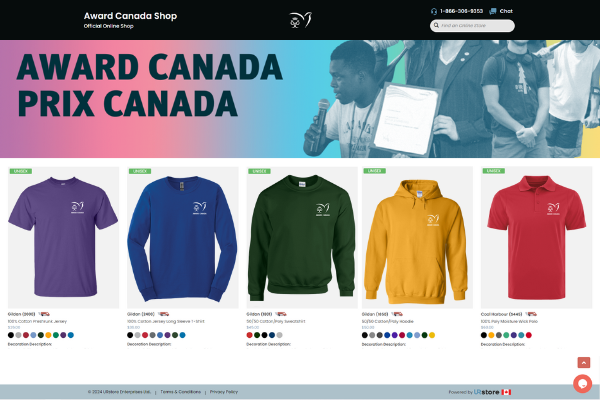 Award Canada merch website with English merch